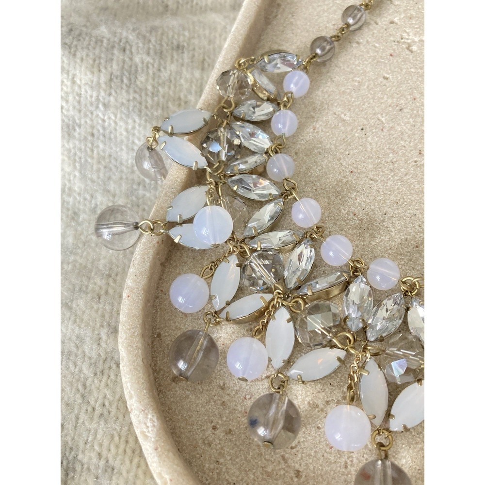 Gold Tone Statement Bib Necklace Rhinestone White Faux Opal Bead Dangle Collar - Picture 4 of 8
